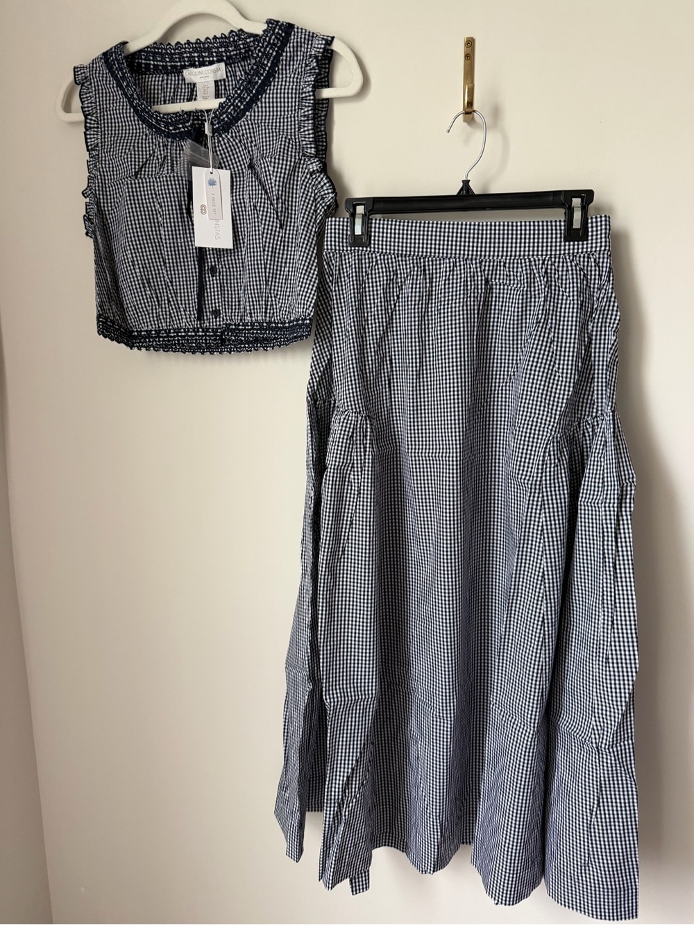 Caroline Constas Gingham Navy and White Skirt and sleeveless top two piece set